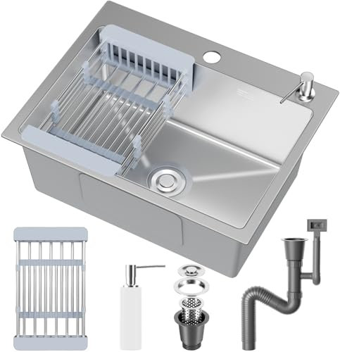 Evier Cuisine 1 Bac 55 x 43 cm, Inox avec Filtre de Vidange, Poser avec Trous pour Robinets