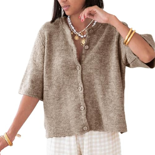 Awevudst Cardigan estivo da donna a maniche corte girocollo con bottoni in tinta unita maglione autunnale crop top in maglia, C-cachi scuro, M