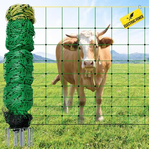 Electric Fence Netting, 49.6 H x 164'L Portable Livestock Nets for Cattle, Sheep, Goat, Hogs, Larger Animals, Electric Fencing with 14 Pre-Assembled Double-Spiked Posts for Backyards, Ranches, Farms