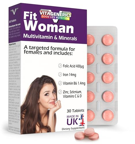 VITAGENERICS FitWoman High Strength Multivitamin & Minerals | x30 Tablets | with Folic Acid, Iron, Zinc, Selenium, Biotin, Vitamin C, B-Complex & More! UK Made Supplement for Women