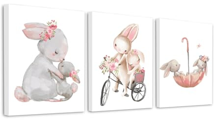 Zamety Juego de 3 imágenes para habitación infantil de niña, conejo de conejo, cuadros en lienzo para habitación de bebé con marco, cuadros infantiles para dormitorio, decoración de pared, salón, 21 x