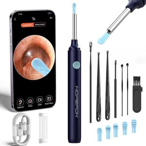 Otoscopio Limpiador Oidos, 3.5mm WiFi Endoscopio de Oído con 1080P Cámara y 6 LED, Limpieza de Oídos con 6 Puntas de Silicona suave y Kit Completo de 7 Piezas, Compatible con iOS y Android IP67