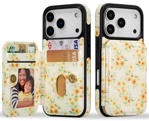 ZCDAYE Plånboksfodral med korthållare för iPhone 17 Pro, solros | Flip Folio PU-läder, praktiska 4 kortplatser, magnetiskt spänne, kylblockering, bekvämt kickstand, sött solrostryck