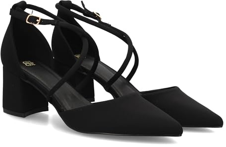 100536 Zapato de mujer con tacon ancho medio y diseno elegante punta fina con adoro de tiras. Cierre de hebilla, Ideal para eventos, oficina, celebraciones o looks formales. Negro Talla 39