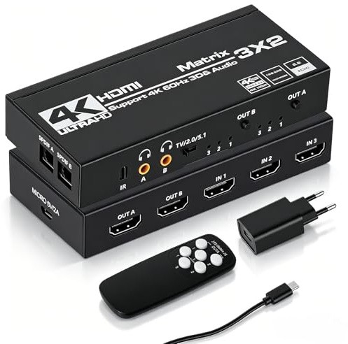 Switch Hdmi 4K 60Hz 3x2, HDMI Switch Splitter 3 in 2 Out, HDCP 2.3 HDR10 18Gbps, mit IR Telecomando & 3.5mm Audio Extractor, Supporto 4K@60Hz, HDCP 2.2, per Switch, PS5, Xbox, PC