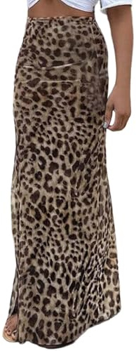 Falda Larga Mujer Estampado Leopardo Uso Diario cómoda elástica Holgada Midi Primavera Verano otoño versátil Ligera Elegante Casual Moderna (Brown, S)