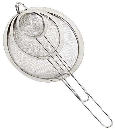 Relaxdays Colini da Cucina, Set da 3, ∅ 7, 12 e 18 cm, con Manici, Stacci Farina, Zucchero a Velo, Scolapasta, Argentato