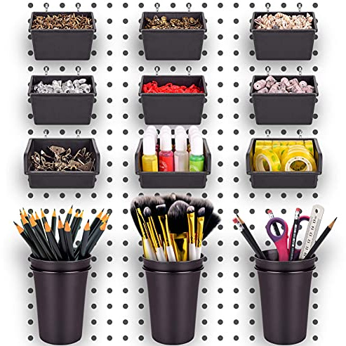 Set di 12 contenitori per pannelli forati con ganci e passanti, assortimento di ganci per pioli, accessori per organizzare vari strumenti, per garage, artigianato, officina, banco da lavoro, hobby e