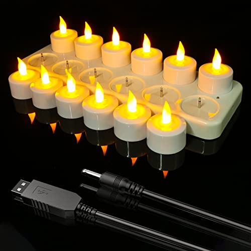 Ymenow Bougies rechargeables USB, 12 bougies chauffe-plat rechargeables sans flamme, bougies LED à piles avec station de charge et câble USB pour maison, mariage, Thanksgiving, décorations de Noël