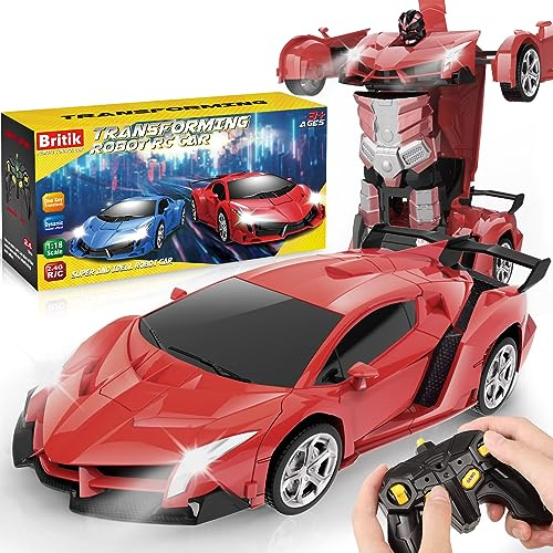 Britik Transforming Remote Control Car Toys Gifts for Boys 3-8 Year Old | Transformable 2 in 1 Robot RC Car Toy, 360° Rotating Transforming Cars Toy, Toys for Kids 3 4 5 6 7 8 Year Old, Red
