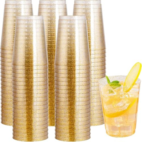 Gikisla 50pcs Gold Plastic Cups, 300ml Hard Gold Plastic Tumblers for Cocktail and Drinking, Reusable Clear Drink Cups for Fancy Wedding, Thanksgiving, Christmas