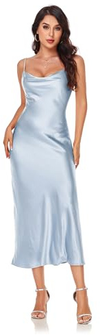 Women's Spaghetti Strap Midi Satin Silk Dresses Slip Cowl Neck Party Cocktail Evening Dress Light Blue