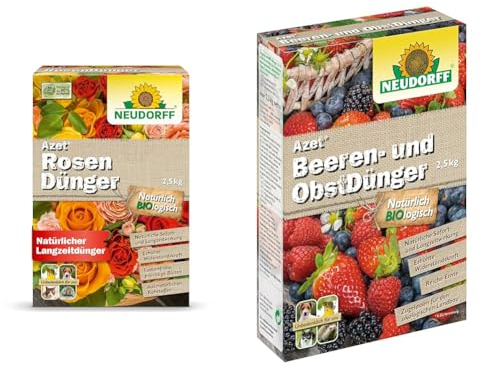 Neudorff Azet RosenDünger – Bio Rosendünger mit 100 Tagen Langzeitwirkung sorgt für langanhaltend farbenfrohe Rosen, Stauden und Blütenpflanzen, 2,5 kg & 00161 Azet Beeren Dünger, 2,5 kg