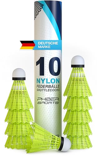 PHIBER-SPORTS Federbälle Badminton Bälle - Perfekte Spieleigenschaften - Ideal für Anfänger, Familien und Profis - Federball Bälle Speed - Für draußen & drinnen - Gelb [10 Stück]