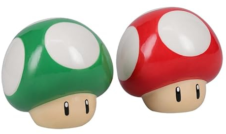 Super Mario Brothers Mushroom Salt and Pepper Shakers Officially Licensed Nintendo Red & Green 1-Up Ceramic Set for Kitchen & Home Decor, Housewarming Gift for Movie and Gaming Fans | Paladone