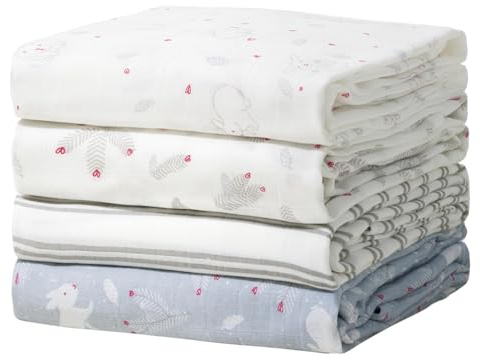 momcozy muslinblöjdukar, 4-pack, ultramjuka, neutralt koordinerad, andningsaktiv 2-lagers gasväv, stor, 119,4 x 119,4 cm, omlottfilt för nyfödda, pojkar och flickor, kanin