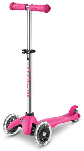 Micro Scooter | Mini Classic Plus LED Kids Scooter | 2 to 5 Years | Boys & Girls | Lean-To-Steer Design | Handlebar Adjustable | Light Up LED Wheels | 50kg Weight Limit | Pink