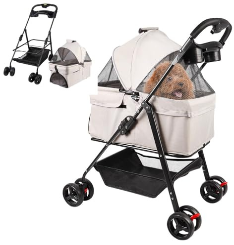 Poussette pour chien chat 3 en 1 avec nacelle amovible caisse de transport pliable tissu 600D Oxford,Roues Résistant à l'Usure à 360°,Fenêtre en Filet,Animaux Voyage Poussette