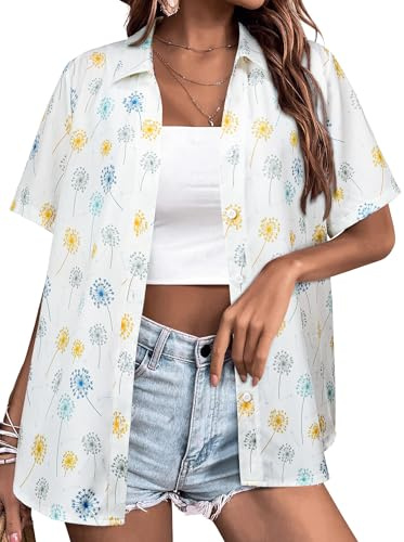 Yihelian Hawaiian Shirts for Women Summer Short Sleeve Top Floral Tropic Printing V Neck Button Down T Shirts Blouses A-Blue