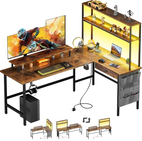 HLFURNIEU Mesa Gaming LED 170 x 100 cm, Escritorio Esquinero con Enchufes y Puertos USB, Escritorio Gaming en L con Cajón & Bolsa de Almacenamiento, Mesa Ordenador con Soporte para Monitor, Marrón