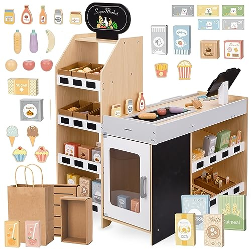 Mamabrum Bancarella in Legno Gioco Educativo per Bambini con Accessori – Gioco Creativo dai 3 Anni