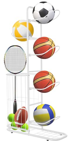 Owneed bollställ metall, garage arrangör för sportutrustning, basket förvaringshylla, avtagbar stående ställning hållare med 5 bollstativ och korgar, förvaringshylla