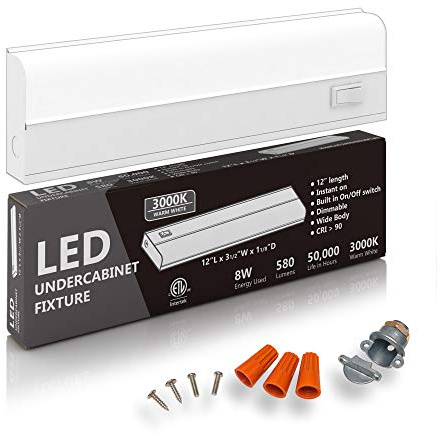 Hardwired LED Under Cabinet Lighting - 8 Watt, 12, Dimmable, CRI>90, 3000K (Warm White), Under Cabinet Lights for Kitchen Wide Body, Long Lasting Metal Base with Frost Lens - Under Counter Lights