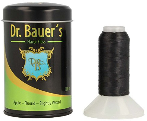 Dr. Bauers Premium Zahnseide 100m in stylischer schwarzer Metalldose mit Deckel, nachfüllbar, schwarze Zahnseide mit Apfel Geschmack - mit Fluorid - leicht gewachst