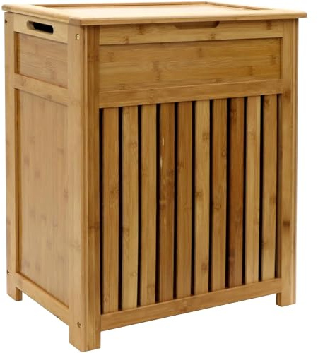 Redmon Bamboo Top Load Full Size Clothes Hamper, Side Handles, Double Hinged Lid and Decorative Stop