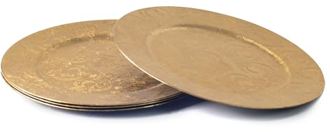 CB Lot de 4 assiettes de présentation dorées de 33 cm – Motif floral en relief, élégantes assiettes rondes pour les occasions spéciales ou les repas quotidiens, faciles à nettoyer, parfaites pour une