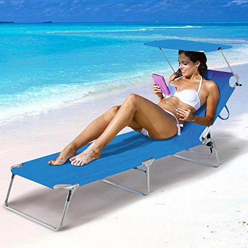 BAKAJI Lettino Prendisole con Tettuccio Parasole Sdraio Pieghevole Salvaspazio, Schienale Regolabile, Struttura in Alluminio e Tessuto in Textilene per Mare Spiaggia Piscina Relax (Blue)