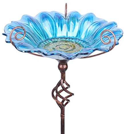MUMTOP Bain d'oiseaux pour Jardin – Bol en Verre pour Oiseaux avec Piquet en métal pour décoration de Jardin (Bleu)