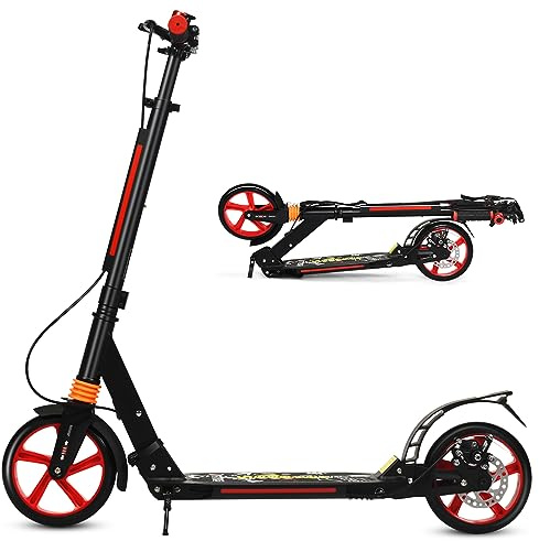 COSTWAY Monopattino Bambini e Adulti, Monopattino a Spinta Pieghevole e Regolabile in 3 Altezze, Monopattino Portatile con 2 Ruote, Cavalletto, Freno e Pedale Antiscivolo, Portata 100 kg (Nero)
