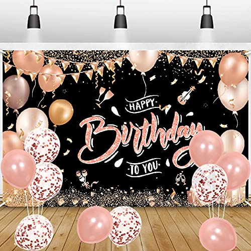 GRESATEK Rose Gold Happy Birthday Banner Geburtstagsdeko Banner für Mädchen und Frauen Extra Groß Geburtstag Banner Deko
