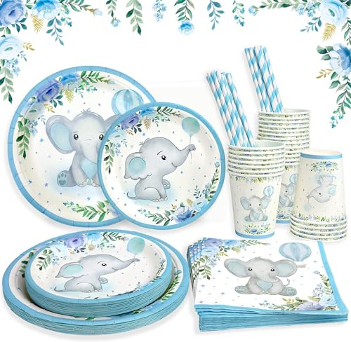 Heboland Piatti Carta Decorazioni Nascita Bambino per 25 Ospiti, 125pcs Piatti Battesimo Bimbo Tazza, Tovaglioli, Cannucce - Stoviglie Decorazioni Battesimo Bimbo per Baby Shower Boy