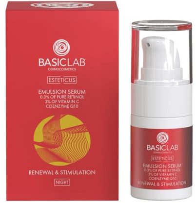 BasicLab Dermocosmetics Emulsion Gesichtsserum mit Retinol, Coenzym Q10 und Vitamin C | 15 ml | Anti-Falten Nachtserum für Frauen