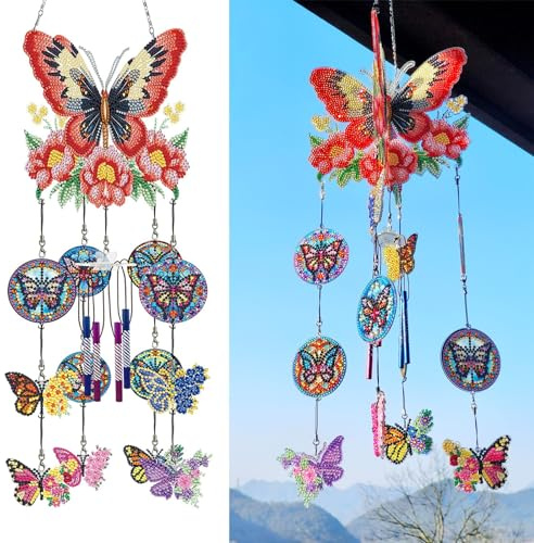 Kit de peinture diamant à faire soi-même - Carillon à vent - Peinture diamant - Papillon - Carillon à vent rotatif - Cadeau pour mère, jardin, cour - Décoration de fenêtre - 05