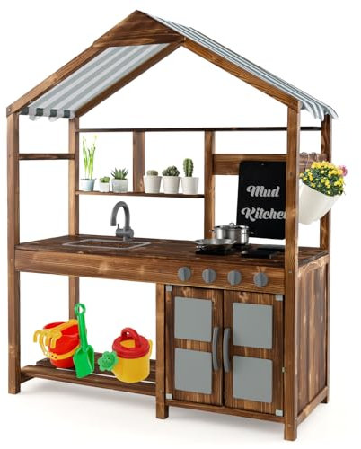 COSTWAY Cuisine Extérieure Enfant avec Tableau Noir & Auvent & Poêle, Cuisine Boueuse en Bois de Sapin avec Robinet & Évier Amovible, Espace de Rangement, Jeu de Simulation pour 3-7 Ans