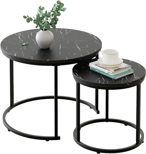 Round Coffee Tables, Set of 2 End Table, Nesting Tables, Side Table with Metal Frame for Living Room/Bedroom/Balcony/Office/Apartment, Diameter 23.6/15.7 IN (Black Frame, Black Wood Marble Finish Top)