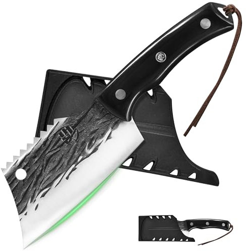FULLHI ULLHI Coltello da macellaio con fodero, coltello da cuoco serbo Tang, coltello da verdure con mannaia in acciaio al carbonio per esterno, campeggio