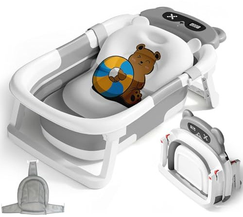 STEUGO Baby Badewanne für 0-18 Monate, Faltbare Babywanne mit Babybadewanne Stützkissen& Thermometer, Portable Baby Bathtub als Wesentliche Artikel für Neugeborene und Kleinkind(Grau)
