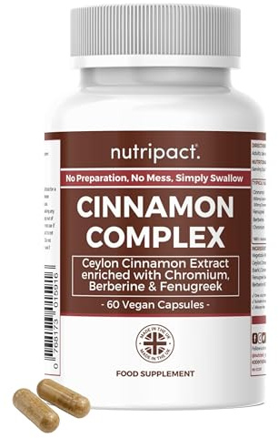 Ceylon Cinnamon Capsules with Berberine, Chromium & Fenugreek – High Strength 4750mg Cinnamon Complex – Chromium Contributes to Normal Blood Glucose Levels – 60 Vegan Capsules - Nutripact UK