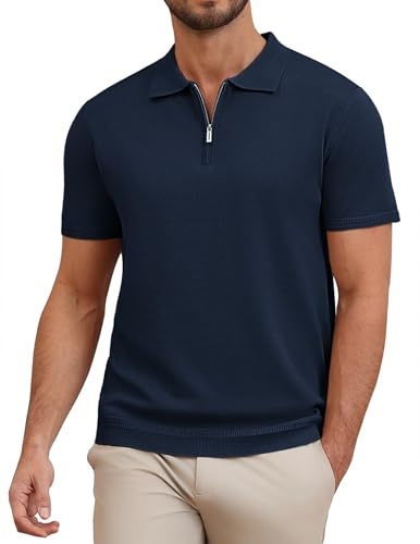 COOFANDY Kortärmad poloskjorta för män sommar dragkedja polo ICY polotröja stickad polo t-shirts golfskjorta, Marinblått Xsp, XL