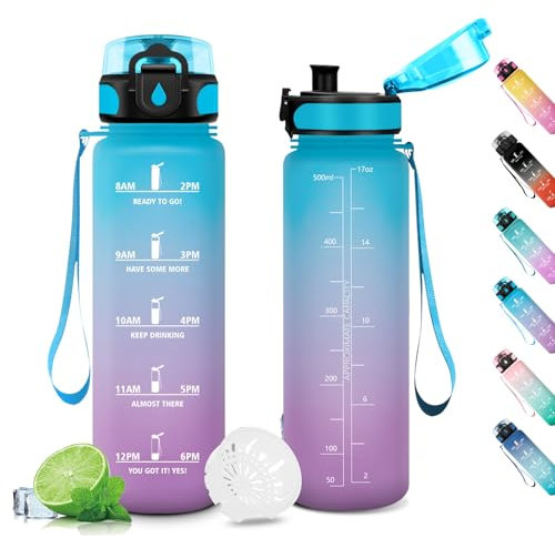 KollyKolla Borraccia 500ml, Borraccia Palestra Senza Perdite, Bottiglia con Filtro,con Indicatore del Tempo Motivazionale,Bambini, per Sport, Fitness, Ciclismo, Scuola,Yoga
