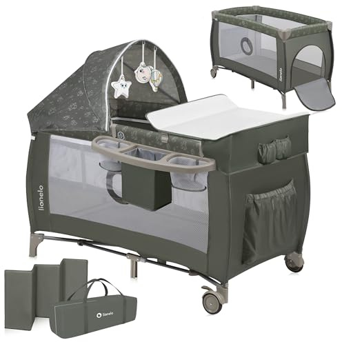 Lionelo Sven Plus 4 in 1 Baby Bett Baby ab Geburt bis 15 kg Wickelauflage Moskitonetz luftige Seitenwände mit Seiteneingang Tragetasche zusammenklappbar