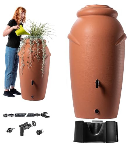 KADAX Regentonne aus Kunststoff 210 Liter, Regenwassertank mit Standfuß, Wasserhahn und Pflanzschale, Dekorativer Regentank, Frostsicheres Regenfass