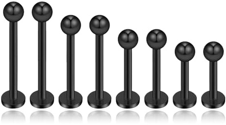 YzmrBdqc 8pcs (4 Pairs) Stainless Steel Labret Lip Stud 6mm 8mm 10mm 12mm, Stainless Steel Plastic Flat Back Earring Studs, Tragus Piercing Jewelry for Women, Hypoallergenic Lips Stud, Black