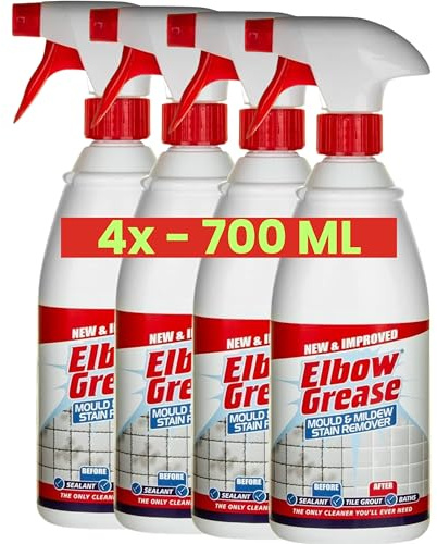 4x Elbow Grease Mould and Mildew Stain Remover Spray 700ml Powerful Bleach Cleaner for Bathrooms Kitchens Tiles and Outdoor Surfaces
