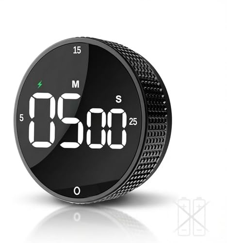 TLTWHS Rechargeable Magnetic Kitchen Timer with Rotary Dial, LED Display | 800mAh USB-C battery, 5/15/25-min presets, count up/down, mute/60-75/80-90 dB alerts, 15-sec screen sleep, dual magnets.