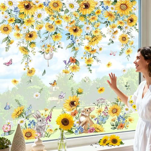 wondever Sunflowers Window Clings Spring Summer Hanging Vine Daisy Floral Leaves Glass Sticker Decal Anti Collision Double-Side Static Window Stickers for Home Glass